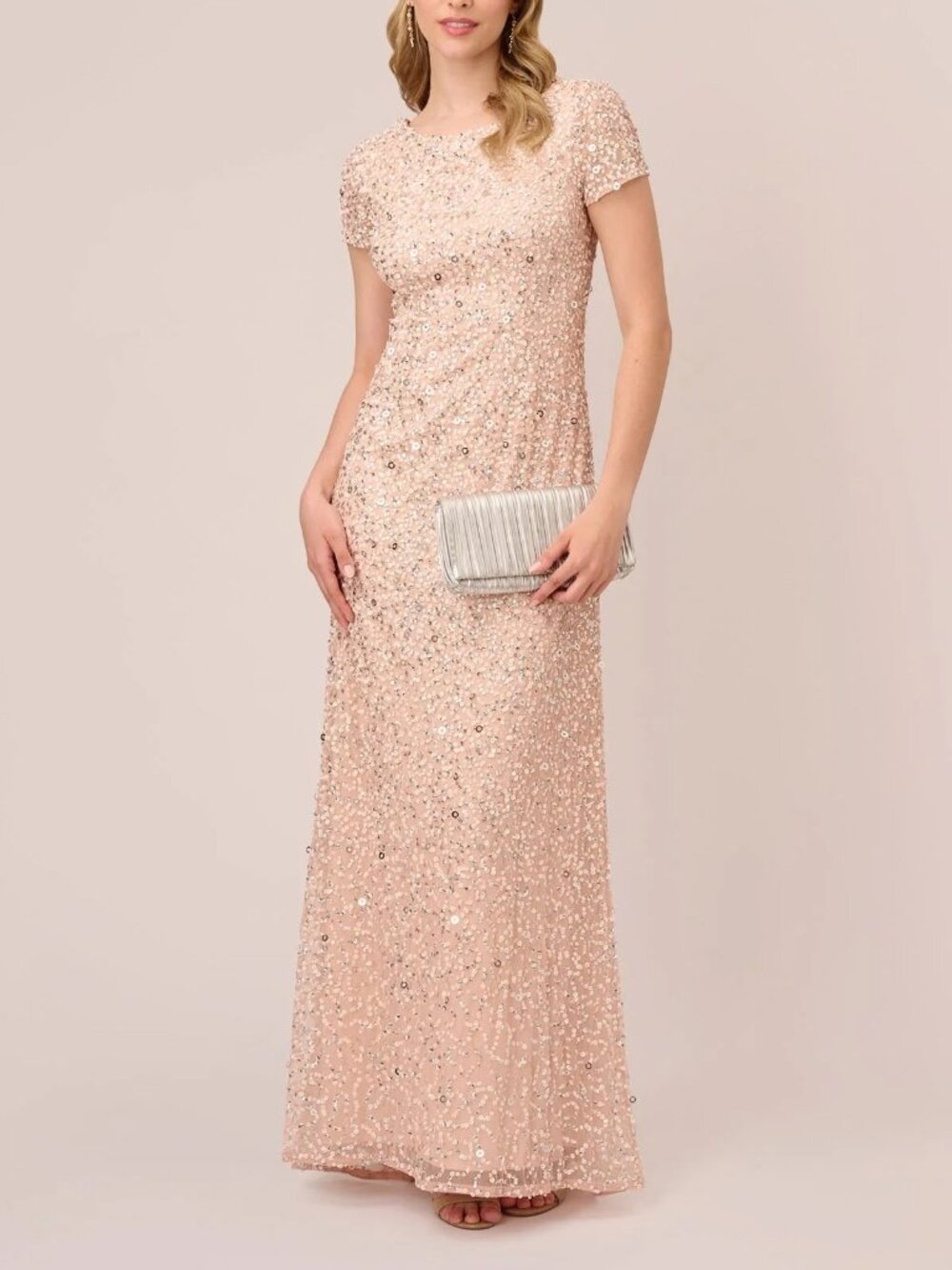 Adrianna Papell Scoop Back Sequin Gown Maxi Dress Blush Pink Women's 4